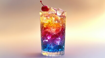 A tall glass filled with a vibrant pink beverage, ice cubes are floating in the drink.
