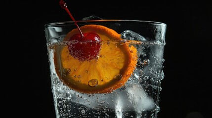 A glass filled with a vibrant red beverage, featuring ice cubes and garnished with an orange slice and a maraschino cherry.