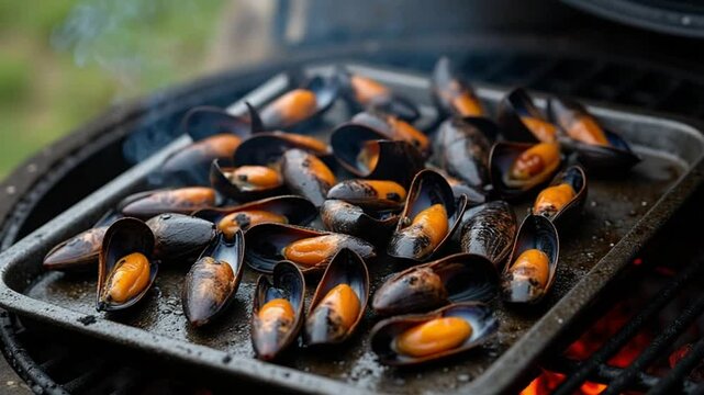 Seafood bubbling on bbq grill cooking outdoor. Top view mussels in shells preparing on grill baking sheet with smoke over. Mediterranean cuisine local seafood mussels in black seashells