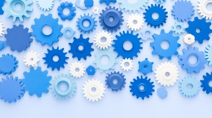 Assorted blue and white gears interlocking on light background