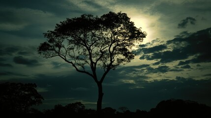 A large, bright full moon dominates the sky against a backdrop of dark, swirling clouds.