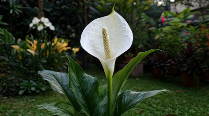 A cluster of white, bell-shaped flowers blooms atop a tall green stalk, surrounded by long, narrow sword-like leaves.