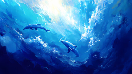 Fototapeta premium Graceful dolphins swimming underwater with sunlight streaming through ocean surface in blue water landscape. [Seraphic Depths] | Deep Benediction | submerged blessing. Illustration