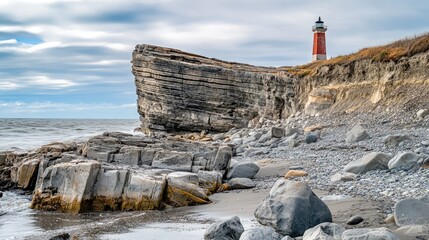 Rocky shoreline with large gray boulders scattered across the foreground, leading towards a small, grassy island.