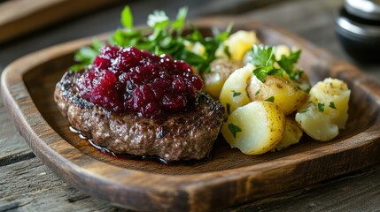 A beautifully plated dish featuring a large, juicy pork chop topped with a glossy berry sauce and fresh cranberries.