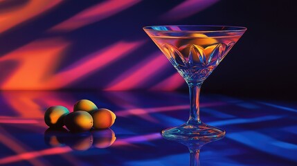 Close-up of a martini glass filled with a clear cocktail, featuring two green olives with red pits at the bottom.