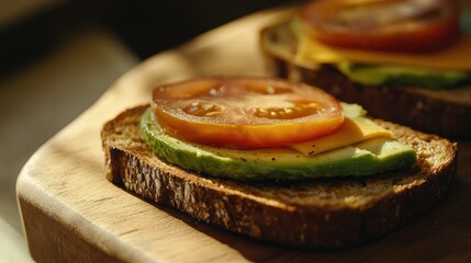 Two slices of toasted bread topped with slices of avocado and halved cherry tomatoes, garnished with small green shoots, presented on a wooden platter.