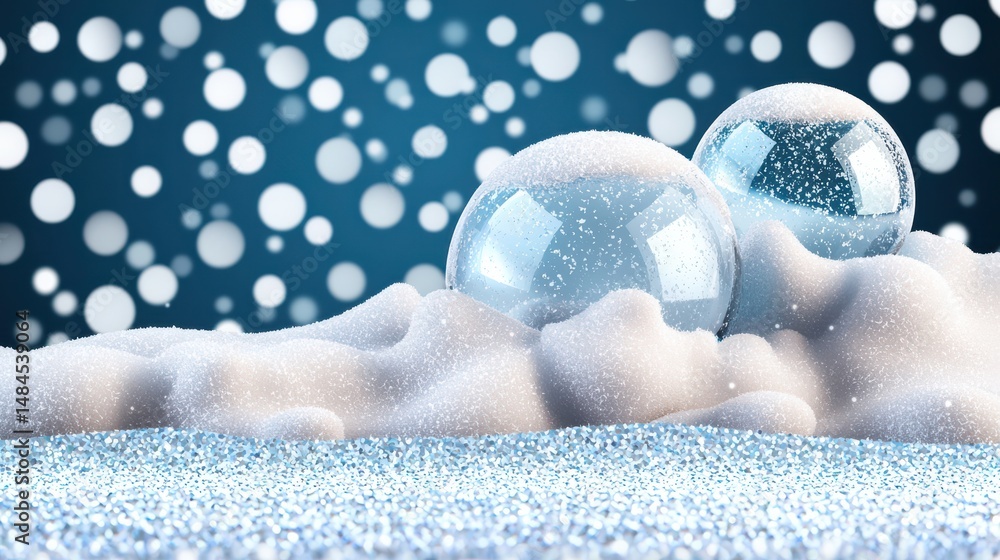 Poster sparkling snowy background with transparent bubbles and soft snowflakes for winter and holiday theme