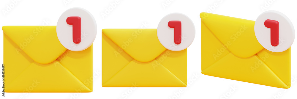 Poster set of yellow envelopes with red number one notification icons 3d render icon illustration