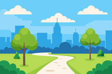 Obraz premium Sunny Summer City Park Trees Sidewalk & Urban Green Space Vector Illustration