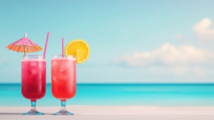 Refreshing Tropical Cocktails with Umbrella and Lemon on Beachside Table Against Calm Blue Ocean Background