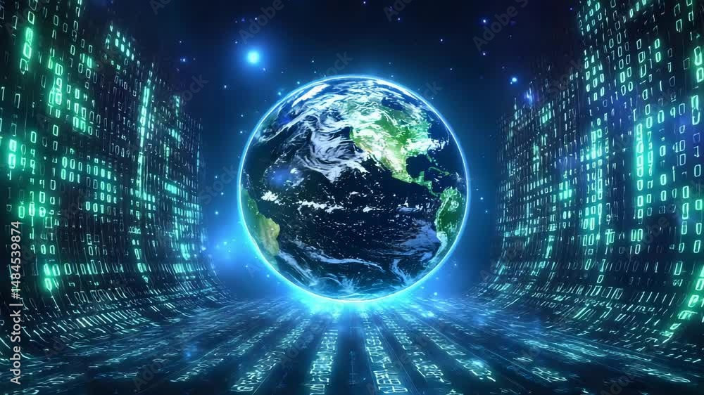 Aufkleber global network digital earth futuristic technology background digital data stream planet earth