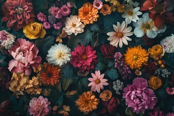 Rich, vibrant floral tapestry with diverse blooms
