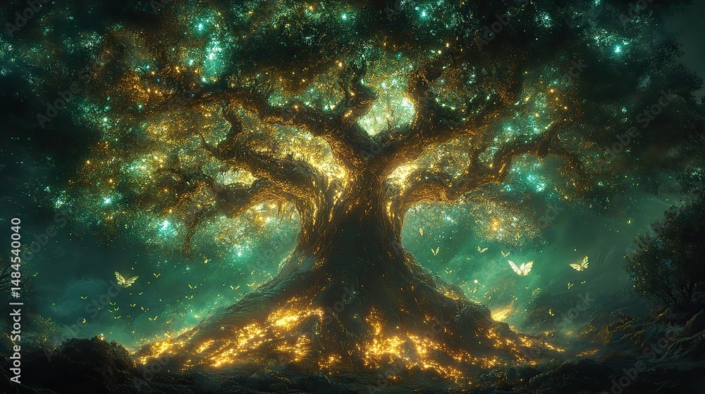 Wall mural a colossal, ancient tree with roots that delve deep into a subterranean cavern filled with glowing c