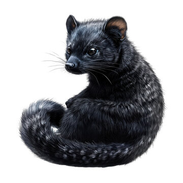 A curious civet cat curled up elegantly with its soft fur glistening like on transparent background
