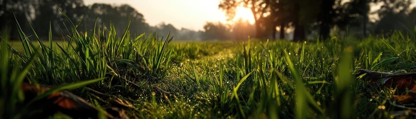 Blowing in the wind with foliage over morning meadow concept. Sunlight filters through grass, showcasing a vibrant landscape.