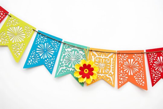 Colorful patterned paper banners and a vibrant flower adorn a simple string on white