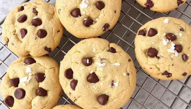 Freshly baked chocolate chip cookies cooling on wire rack, golden and soft with melted chocolate chips and sprinkle of sea salt, evoking warm, comforting feeling of homemade treats
