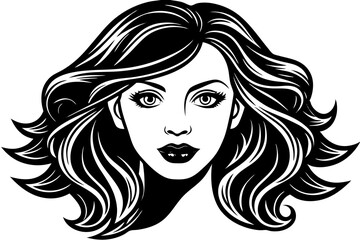 Glamorous fashion illustration of a woman with long, curly black hair and striking makeup