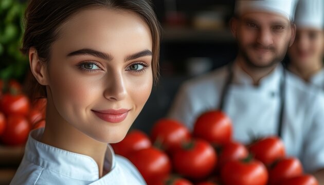 Culinary Artist Joyful woman, cooking class ingredients, chefs in background, copy space