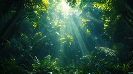 A dense jungle canopy with dappled sunlight filtering through the leaves, creating a mosaic of light and shadow