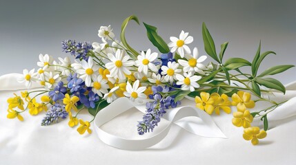 Beautiful Arrangement of Colorful Flowers with White Ribbon on a Soft Background
