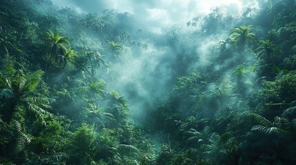 Obraz premium A dense rainforest with towering trees, lush vegetation, and a misty atmosphere, a vibrant and biodiverse ecosystem