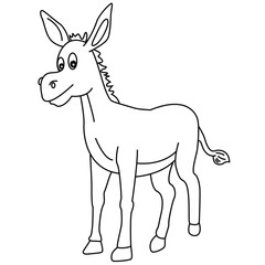 Cute cartoon hand drawn vector smiley donkey coloring page.