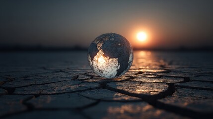 Global Reflection: A compelling visual showcasing the Earth mirrored in a transparent orb, resting on parched, cracked earth under the dusky sky and sun.