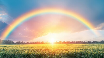 Obraz premium Colorful Rainbow Arching Over Bright Green Field at Sunrise With Dramatic Sky Background