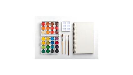 Flat Lay of Watercolor Paints, Artist Brushes, and Sketchpad on White Background – Creative Art Supplies for Painting and Drawing