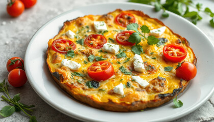 Delicious homemade pizza topped with cherry tomatoes, fresh herbs, and cheese, served on white plate with rustic background and fresh ingredients around