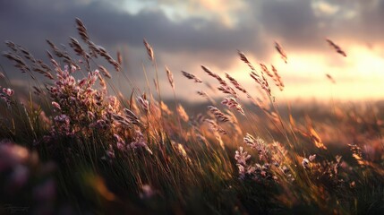 Obraz premium Blowing in the wind with foliage over morning meadow concept. A serene landscape of wildflowers swaying in the golden sunset.