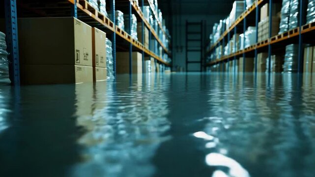 Flooded Warehouse Interior Showing Water Damage to Cardboard Boxes and Shelving
