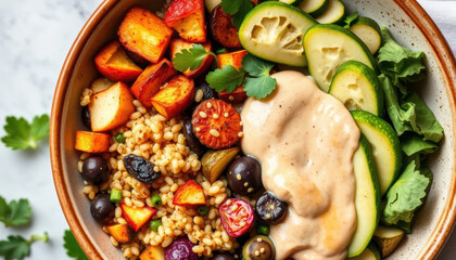 Colorful bowl of fresh vegetables grains and creamy dressing featuring cucumber slices cherry tomatoes leafy greens and variety of berries and grains creating vibrant and healthy meal
