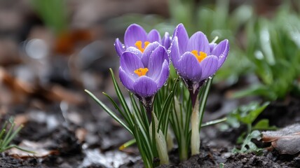 Obraz premium Delicate Purple Crocus Flowers Blooming in a Fresh Spring Garden with Green Leaves and Rich Soil