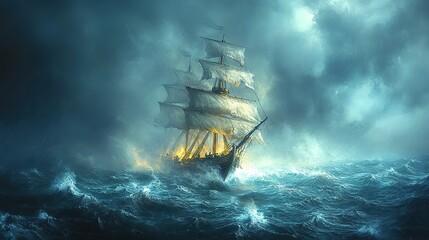 A detailed illustration of an ancient sailing ship with billowing sails, navigating a stormy sea The style is historical and dramatic