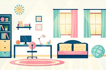 Cozy room featuring colorful furniture, desk, computer, books, and cheerful window curtains create a welcoming aesthetic