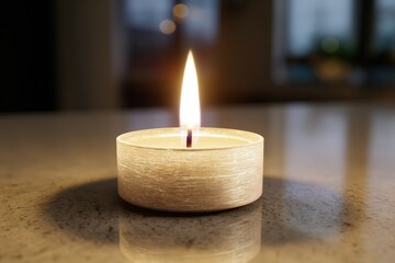 Softly glowing candle casting warm light.