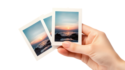 A hand holds a digital tablet PC displaying business media on its touch screen for internet communication isolated on PNG white background.