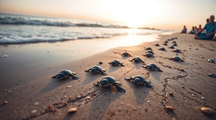 Obraz premium Baby Sea Turtle Release at Sunrise - AI Generated
