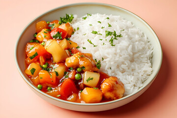 Delicious dish of chicken and vegetables over rice.