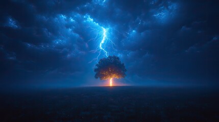 A dramatic image of a lightning strike illuminating a solitary tree in a dark and stormy landscape, showcasing the raw power of nature