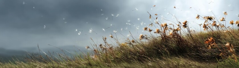 Blowing in the wind with dandelion under cloudy morning concept. A serene landscape featuring grass and flowers under dark clouds.