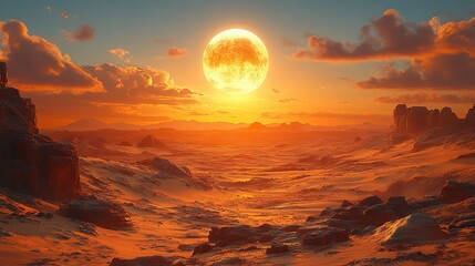 A dramatic panorama of a vast desert landscape with towering sand dunes stretching to the horizon under a scorching sun
