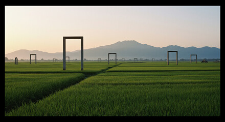 Fototapeta premium 緑輝く田園、静かに立つ幾つの枠。朝焼け染まる山並みが美しい。