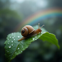 Tiny World, Big Sky Snail on a Leaf with a Vibrant Rainbow Generative AI