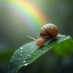 Rainbow Reflections Water Droplets and a Snail on a Leaf Generative AI