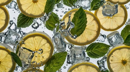 Refreshing lemon slices with mint leaves and ice cubes floating in sparkling water background