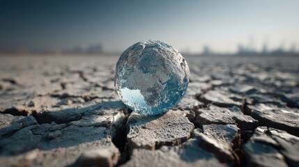 Fragile World: A striking visual narrative of environmental concerns, the image presents a delicate glass globe, a poignant symbol of Earth, precariously resting on cracked, arid land.